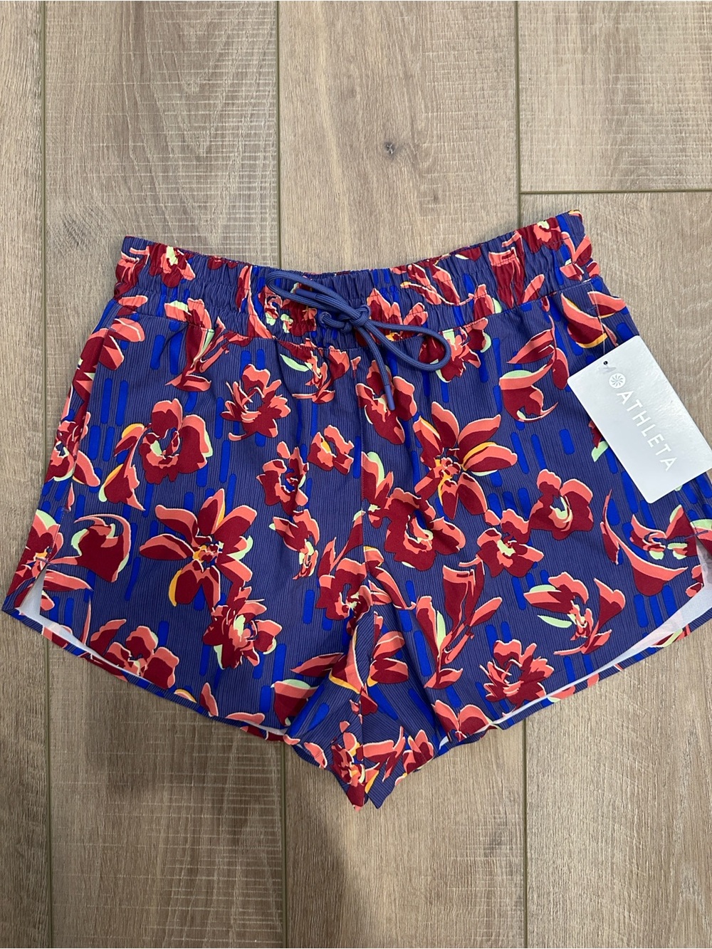 Athleta Purple-Blue Floral Athletic Shorts with Red Accents